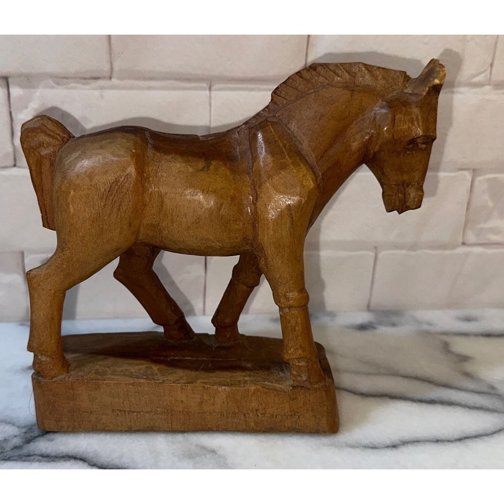 Hand Carved Wood Horse Figurine Made in Ecuador Rustic Folk Art Sculpture Decor